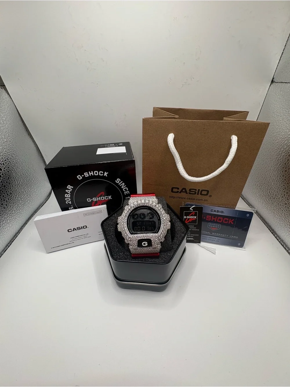 Casio G-Shock Digital Watch in Silver and Red with Sparkling Bezel